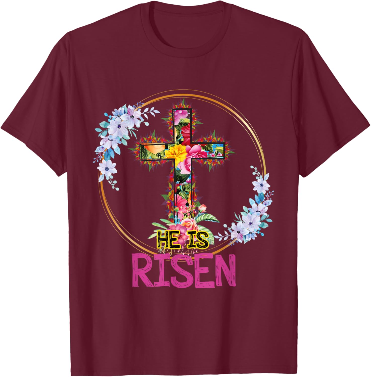 He is Risen Floral Tie Dye Vintage Cross Happy Easter T-Shirt - T-Shirt | Maroon