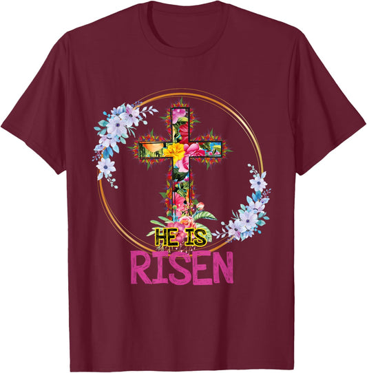 He is Risen Floral Tie Dye Vintage Cross Happy Easter T-Shirt - T-Shirt | Maroon