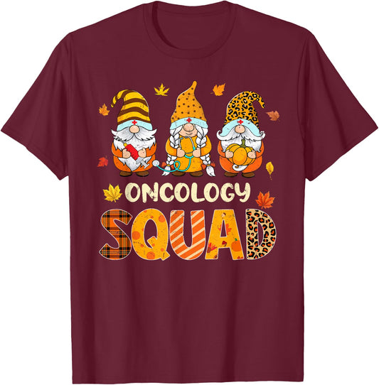 Oncology Squad Cute Gnome Nurse Leopard Thanksgiving Fall T-Shirt - T-Shirt | Maroon