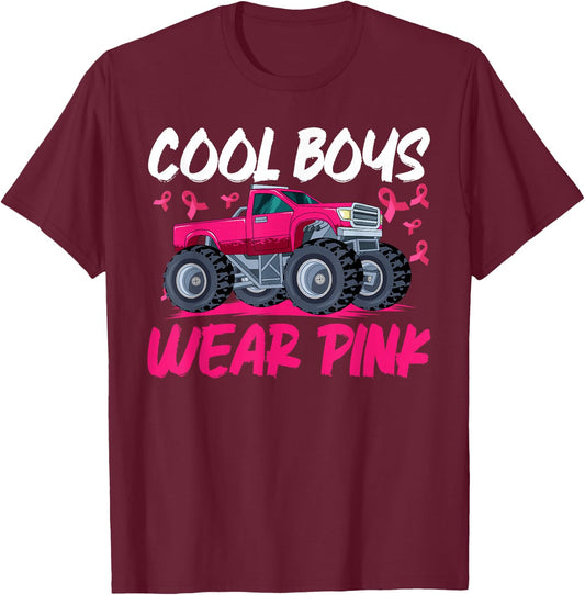 Monster Truck Breast Cancer Awareness Cool Boys Wear Pink T-Shirt - T-Shirt | Maroon
