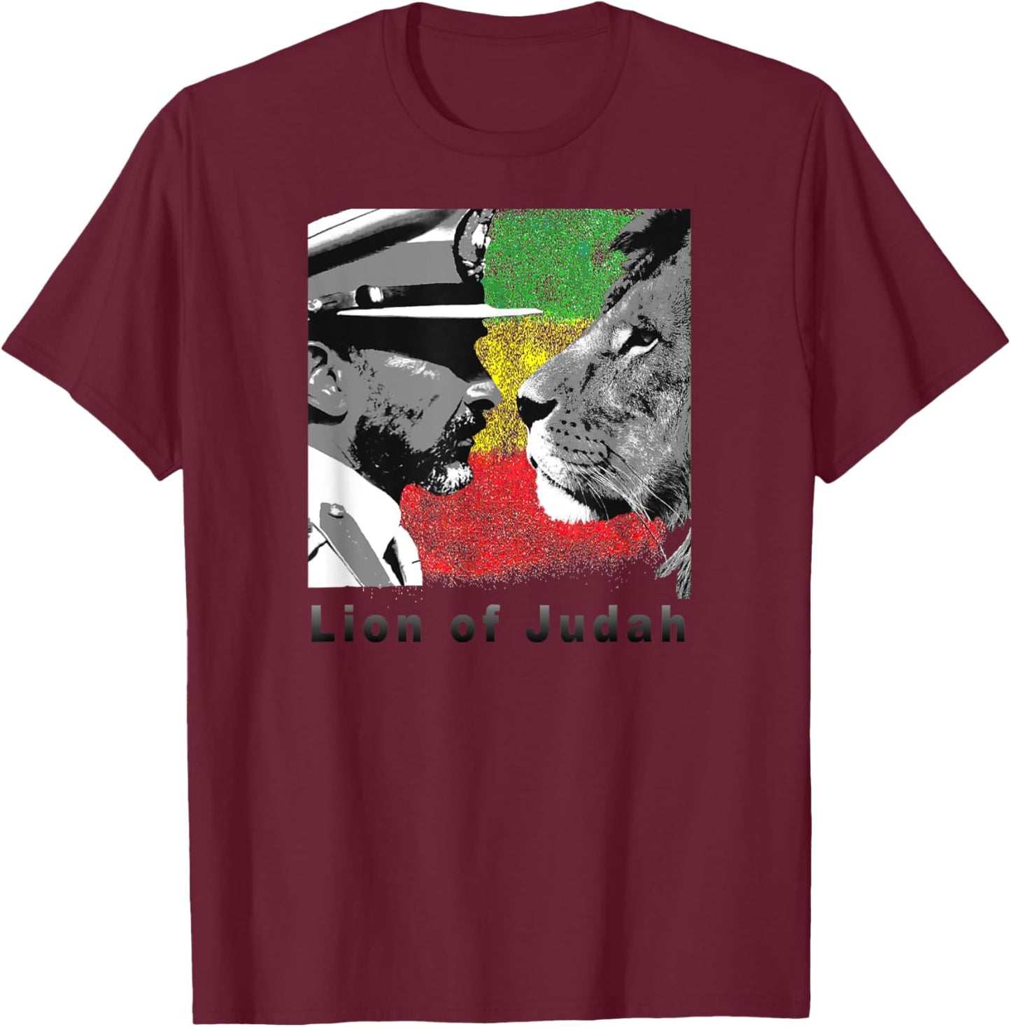 Lion of Judah Haile Selassie I. with reggae flag T-Shirt - T-Shirt | Maroon