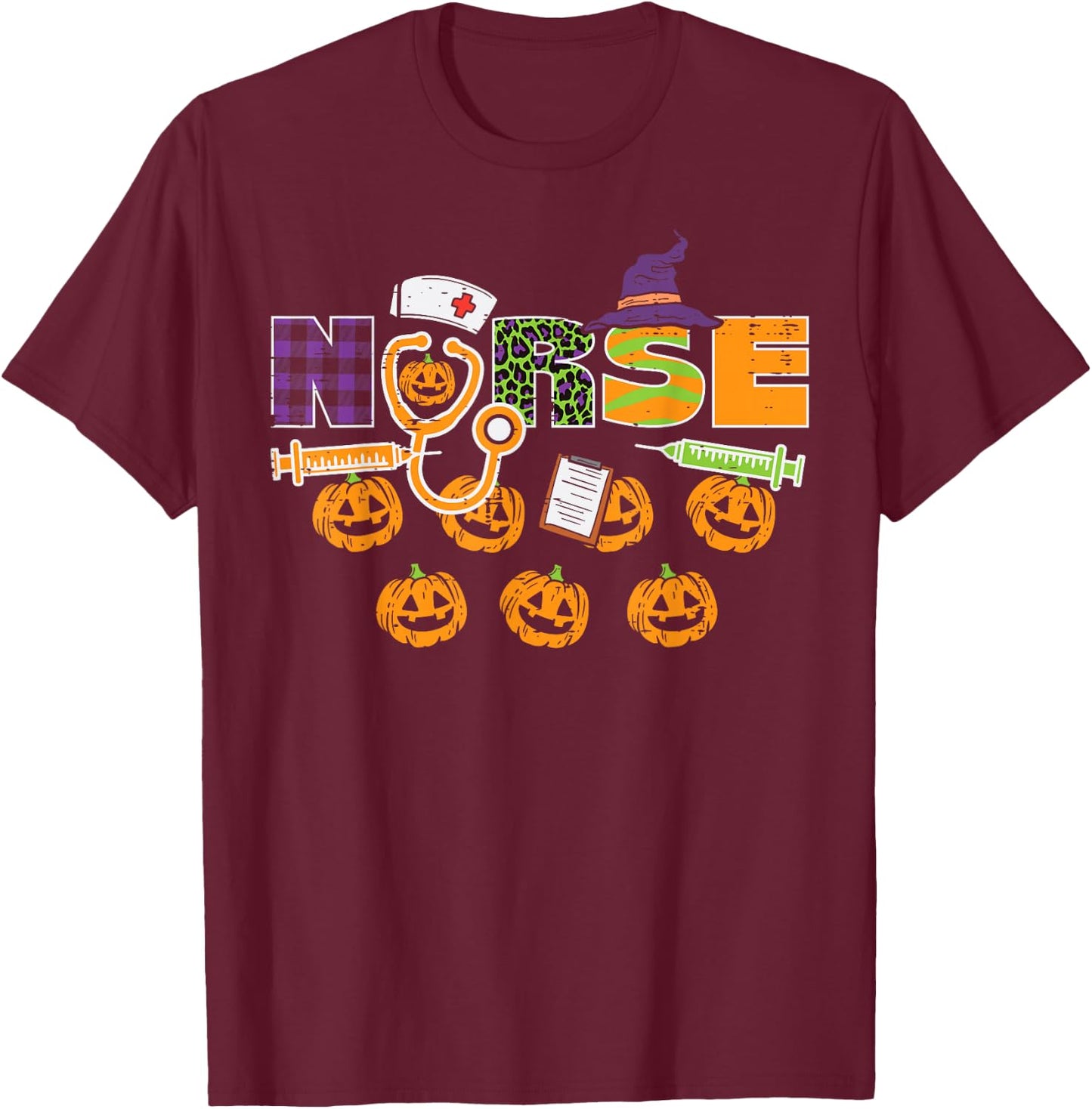 Leopard Plaid Nurse Halloween Cute Costume Nursing Men Women T-Shirt - T-Shirt | Maroon