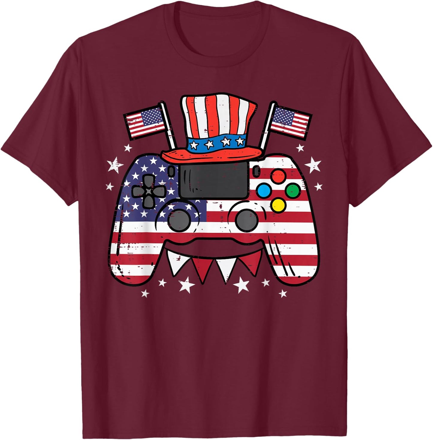 4th of July Video Gamer US Flag Gaming Patriot Boys Kids Men T-Shirt - T-Shirt | Maroon