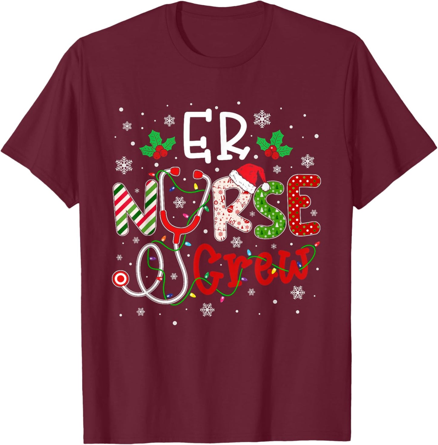 ER Christmas Nurse Crew Funny Nursing Christmas Pattern T-Shirt - T-Shirt | Maroon