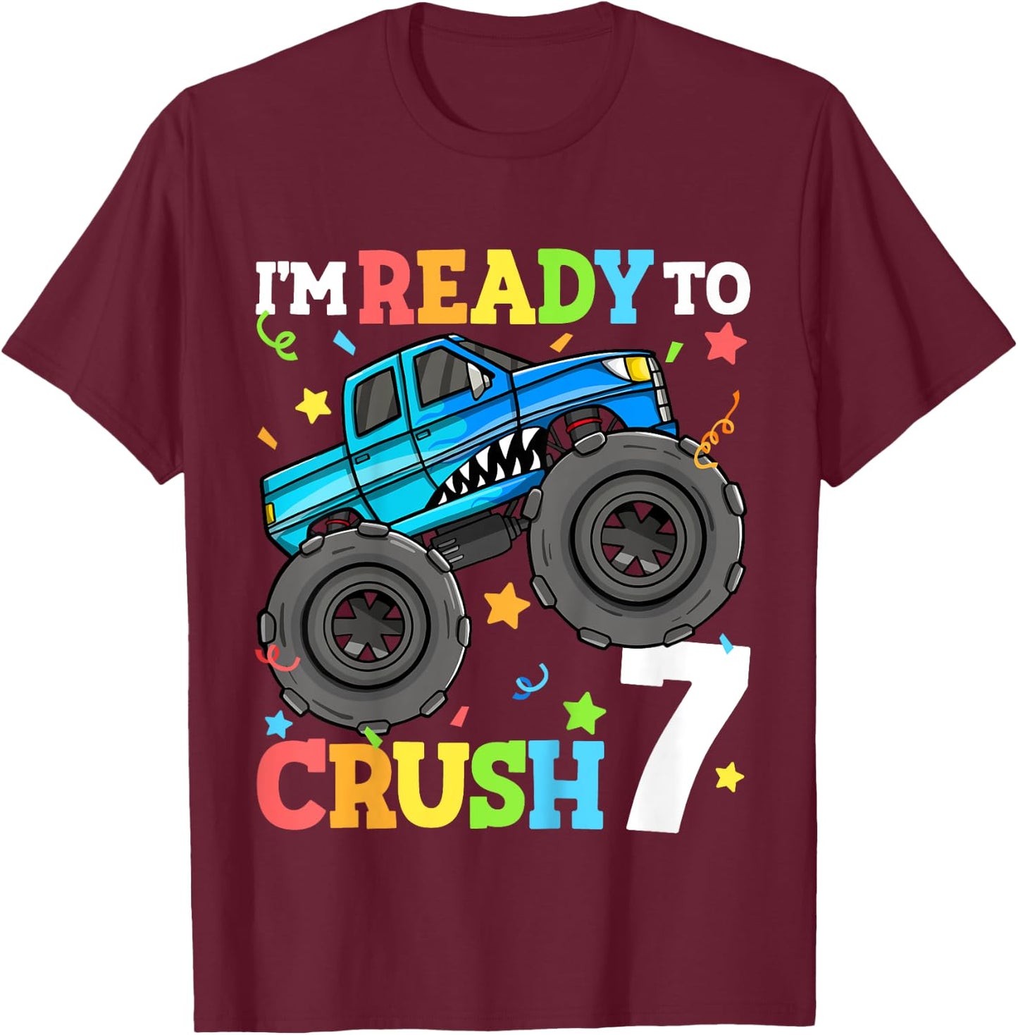 Kids Monster Truck Shark 7th Birthday Boy 7 Seven Year Old T-Shirt - T-Shirt | Maroon