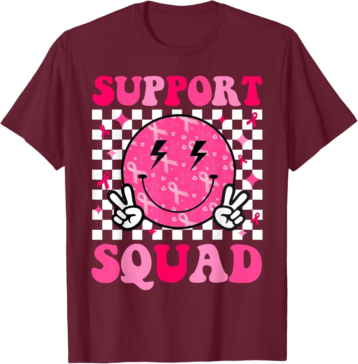 Support Squad Breast Cancer Awareness Pink Ribbon Smile Face T-Shirt - T-Shirt | Maroon