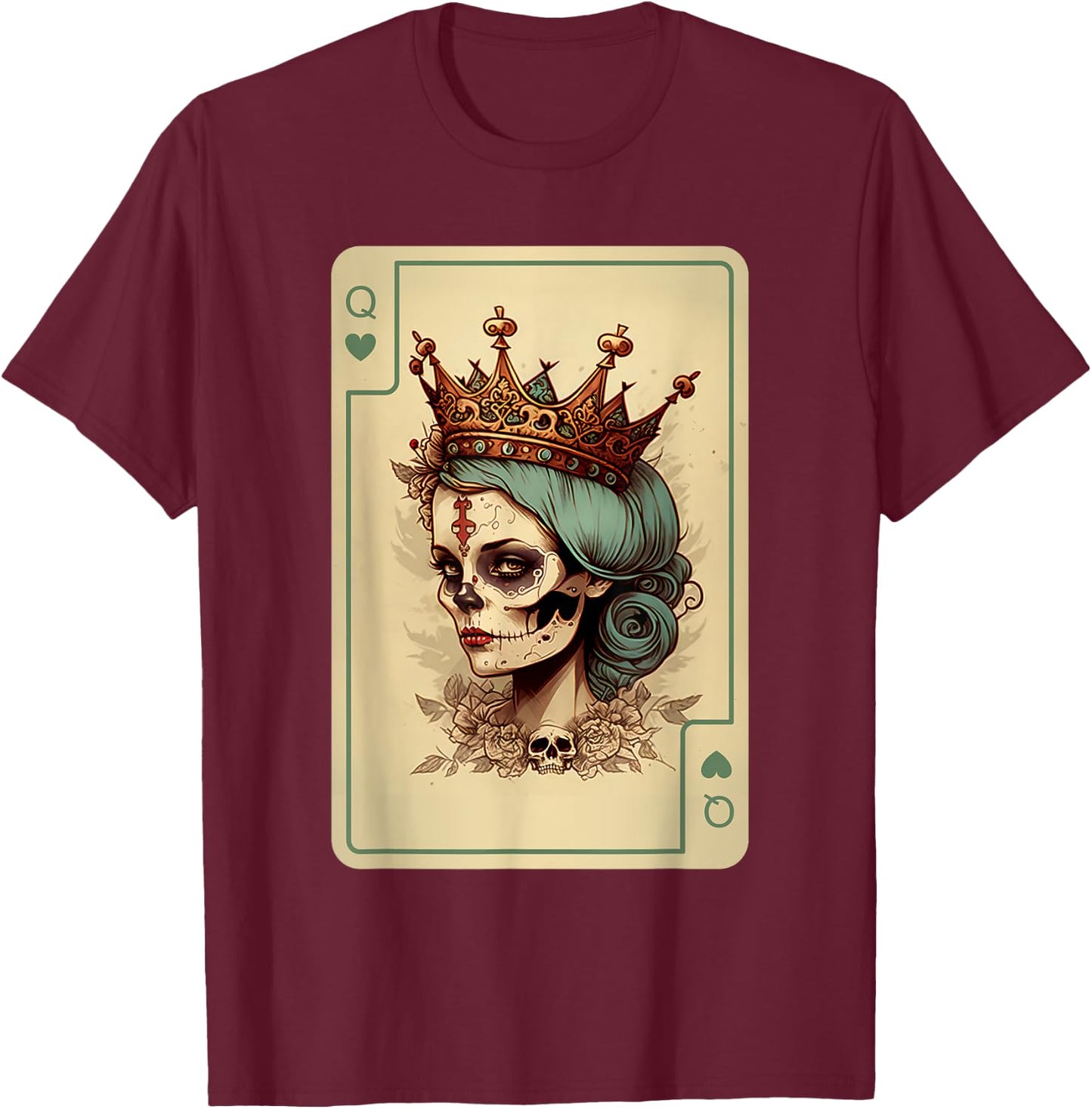 Queen of Hearts Gothic Poker Card Game Halloween Creepy T-Shirt - T-Shirt | Maroon