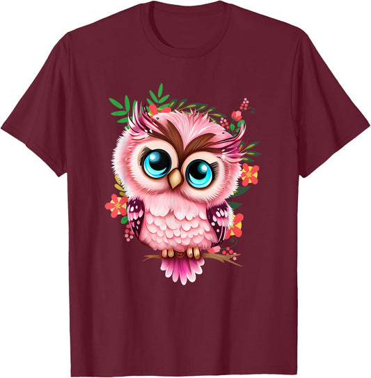 Cute Pink Owl - Girl who Loves Owls Nature and Birds T-Shirt - T-Shirt | Maroon