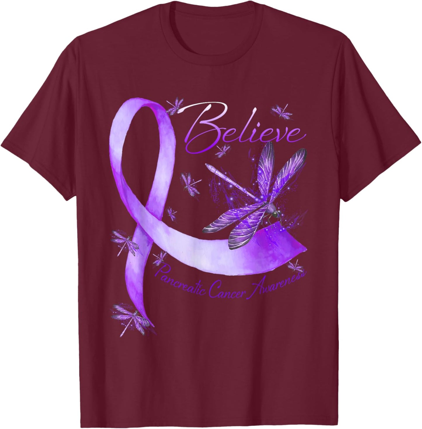 Believe Pancreatic Cancer Awareness Dragonfly Purple Ribbon T-Shirt - T-Shirt | Maroon