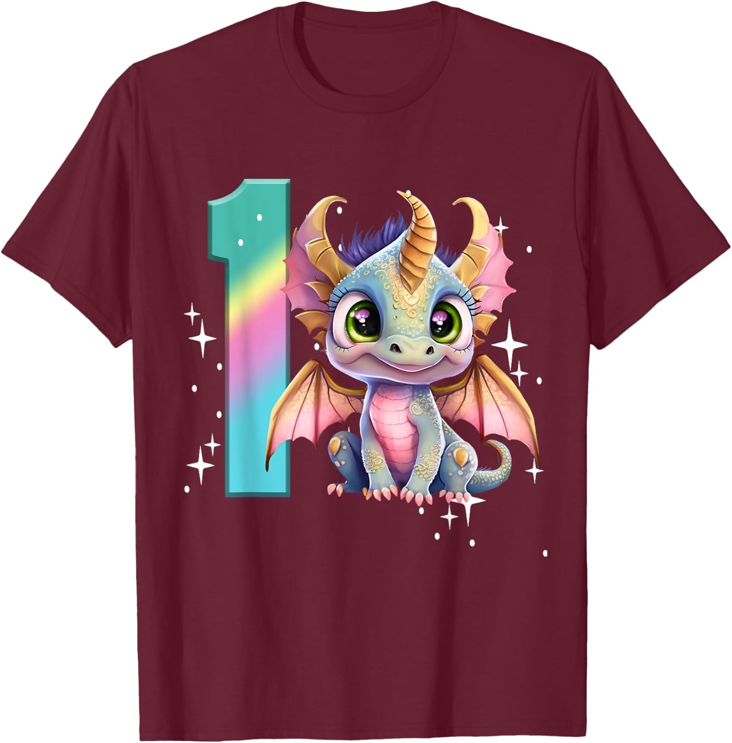1st Birthday Shirt Dragon Party Baby Girl One First Rainbow T-Shirt - T-Shirt | Maroon