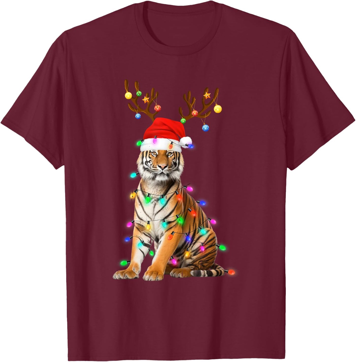 Santa Hat Funny Tiger Tree Xmas Light Animal Christmas T-Shirt - T-Shirt | Maroon