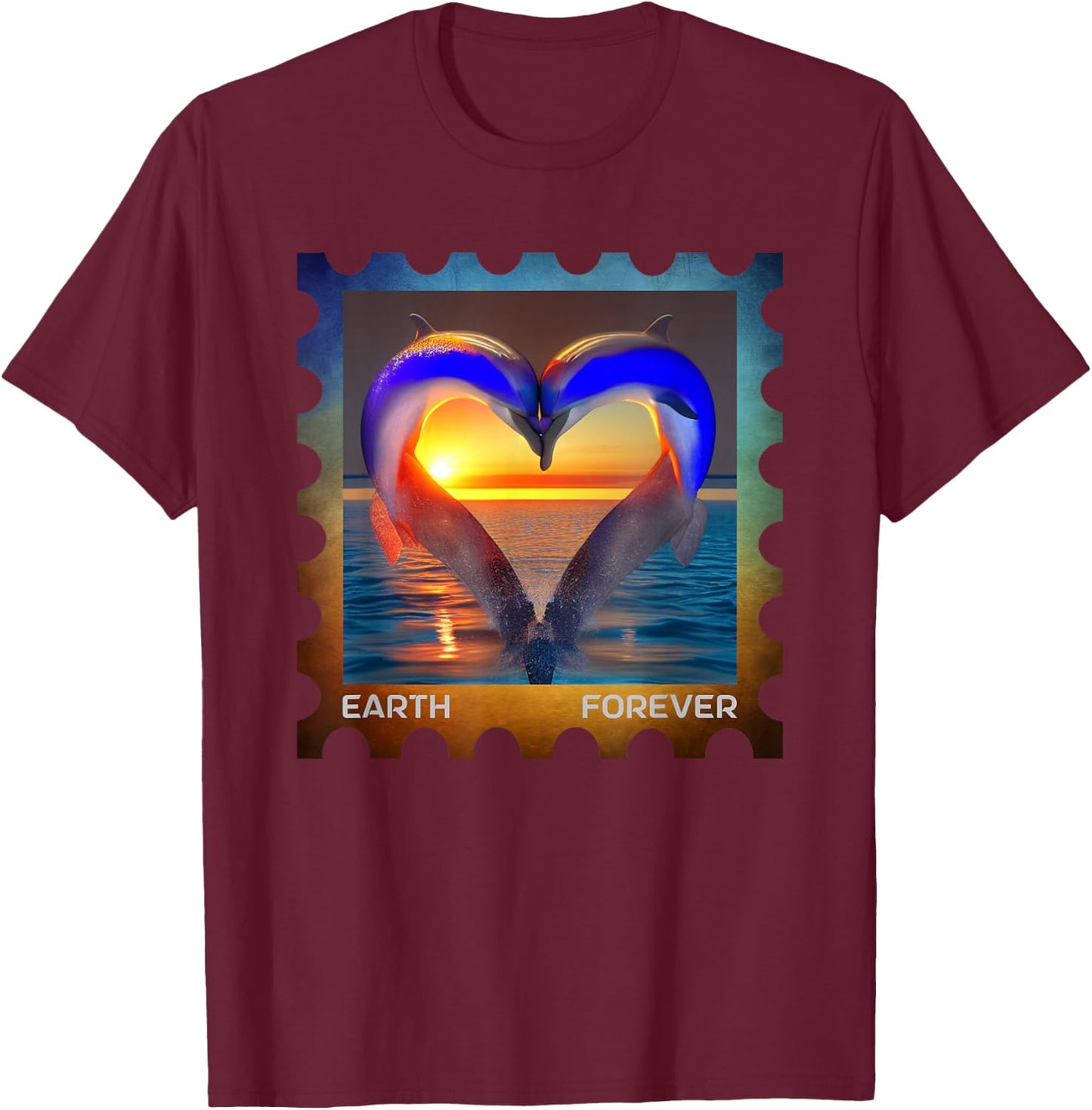 EARTH FOREVER Postage Stamp Ocean Sunset Heart Cute Dolphins T-Shirt - T-Shirt | Maroon