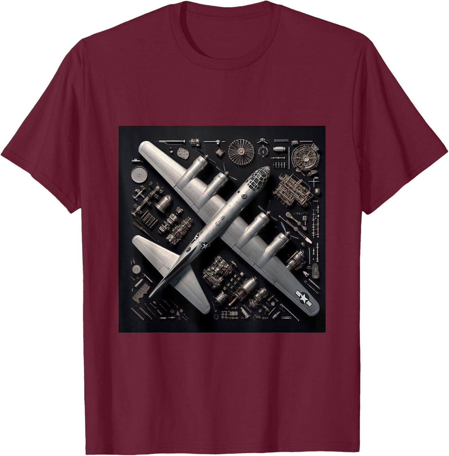 WW2 Warplane B-29 Superfortress Assembly Parts Blueprint T-Shirt - T-Shirt | Maroon