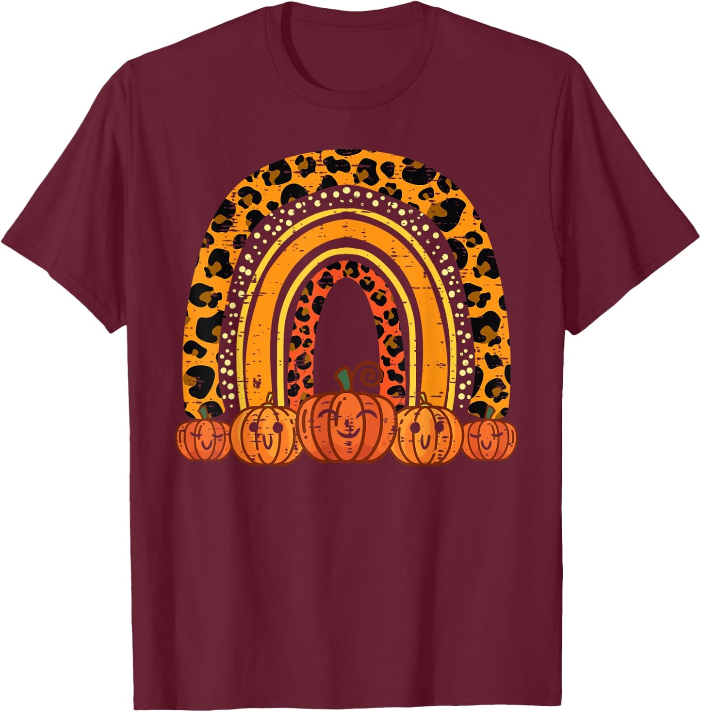 Leopard Rainbow Pumpkins Retro Halloween Costume Women Girls T-Shirt - T-Shirt | Maroon