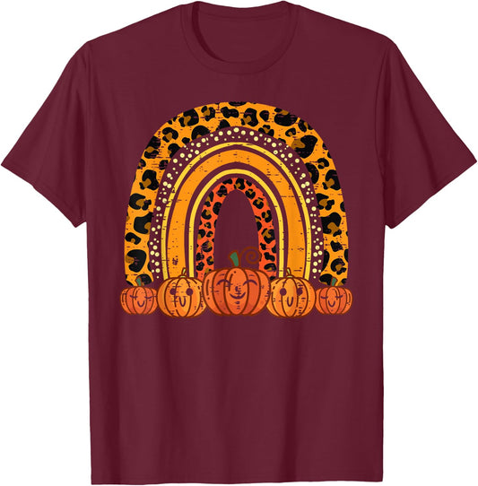 Leopard Rainbow Pumpkins Retro Halloween Costume Women Girls T-Shirt - T-Shirt | Maroon