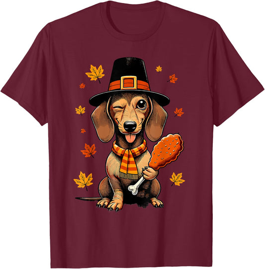 Dachshund Pilgrim Happy Thanksgiving Dog Men Women Girl Boy T-Shirt - T-Shirt | Maroon