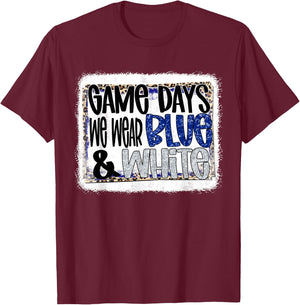 On Gameday Football We Wear Blue And White School Spirit T-Shirt - T-Shirt | Maroon