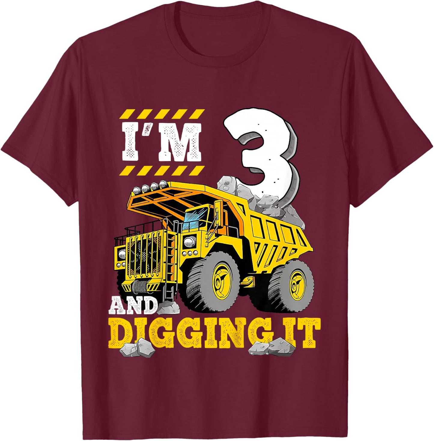 Kids Three 3rd Birthday Construction Truck 3yr Boy 3 Years Old T-Shirt - T-Shirt | Maroon