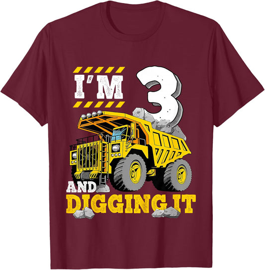 Kids Three 3rd Birthday Construction Truck 3yr Boy 3 Years Old T-Shirt - T-Shirt | Maroon