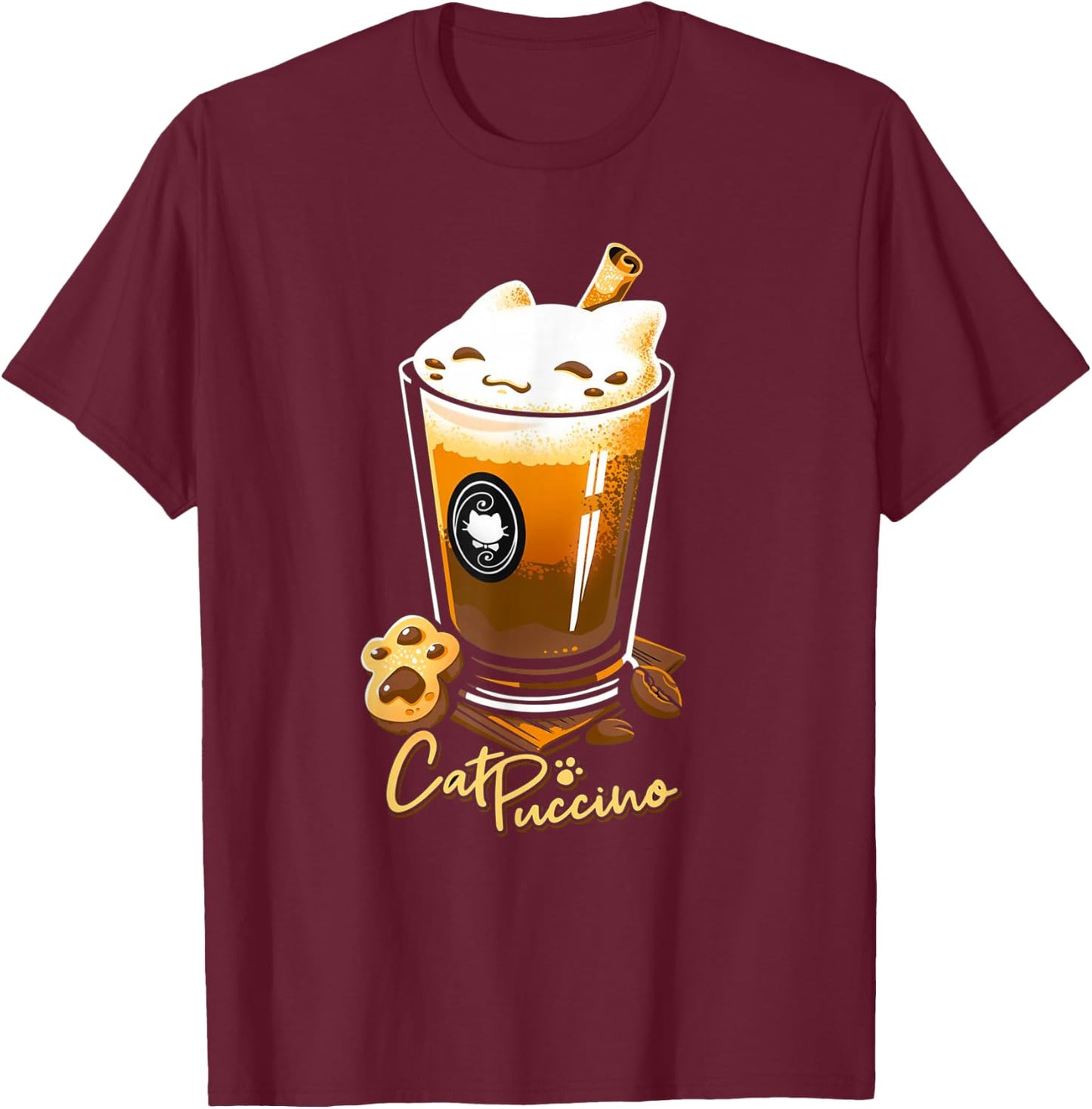 Retro Cat Boho Puccino Funny Coffee Cat Cute Cup T-Shirt - T-Shirt | Maroon