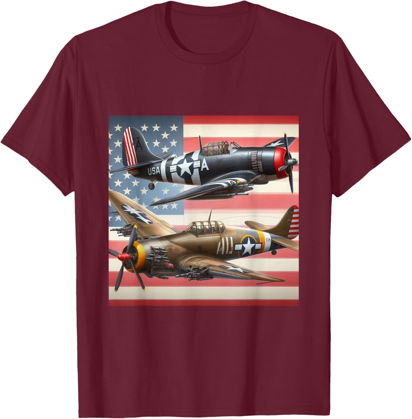 WW2 Airplanes American US Flag T-Shirt - T-Shirt | Maroon