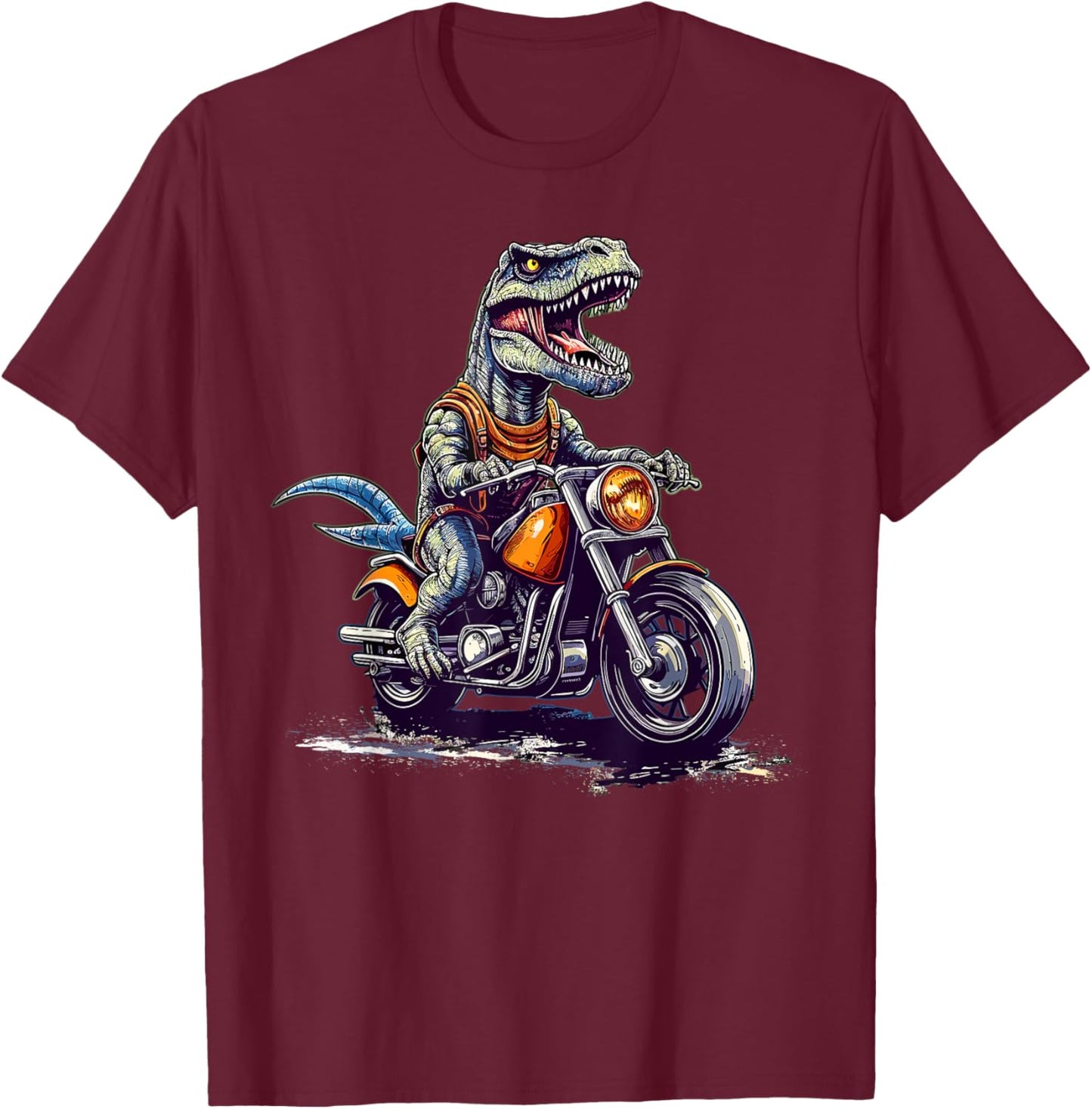 T Rex Riding Motor Bike Funny Dinosaur On Motorcycle T-Shirt - T-Shirt | Maroon
