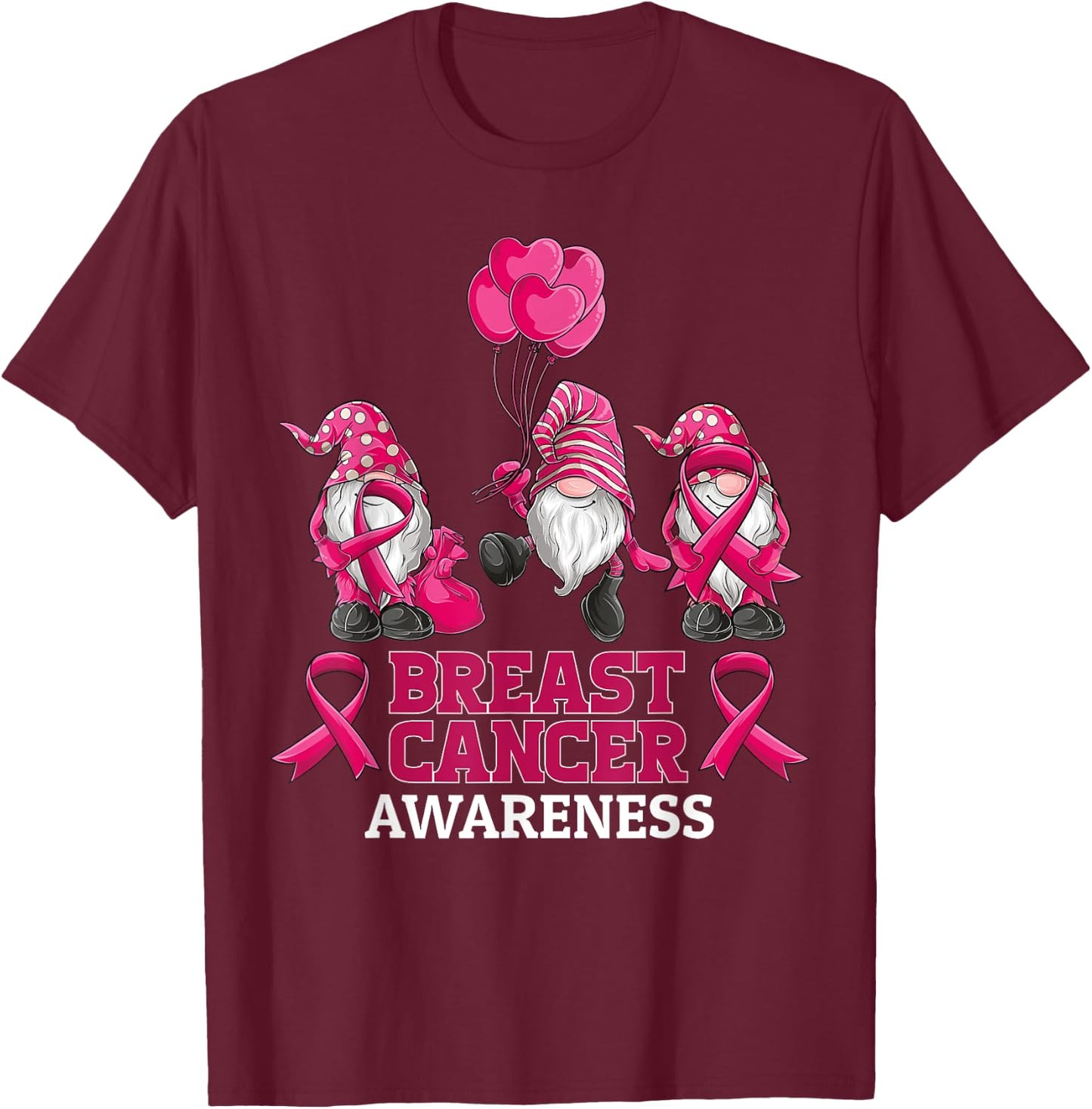 gnomes Breast Cancer Awareness Pink Ribbon women girls T-Shirt - T-Shirt | Maroon