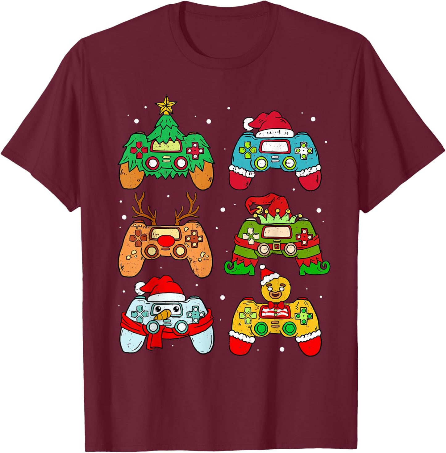 Christmas Santa Elf Gaming Controllers Snowman Boys Kids T-Shirt - T-Shirt | Maroon