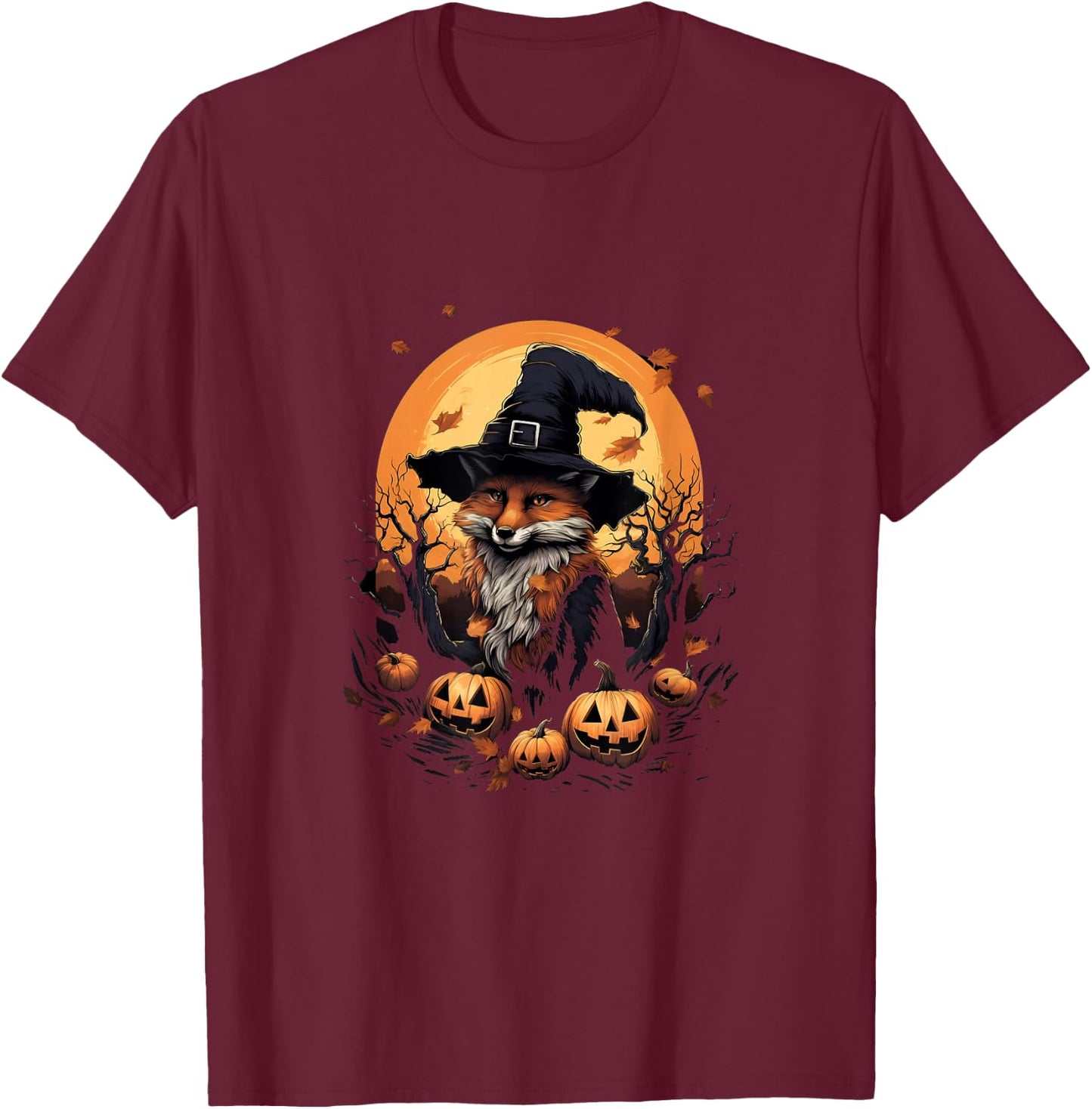 Fox Witch Hat Pumpkins Halloween Costume T-Shirt - T-Shirt | Maroon
