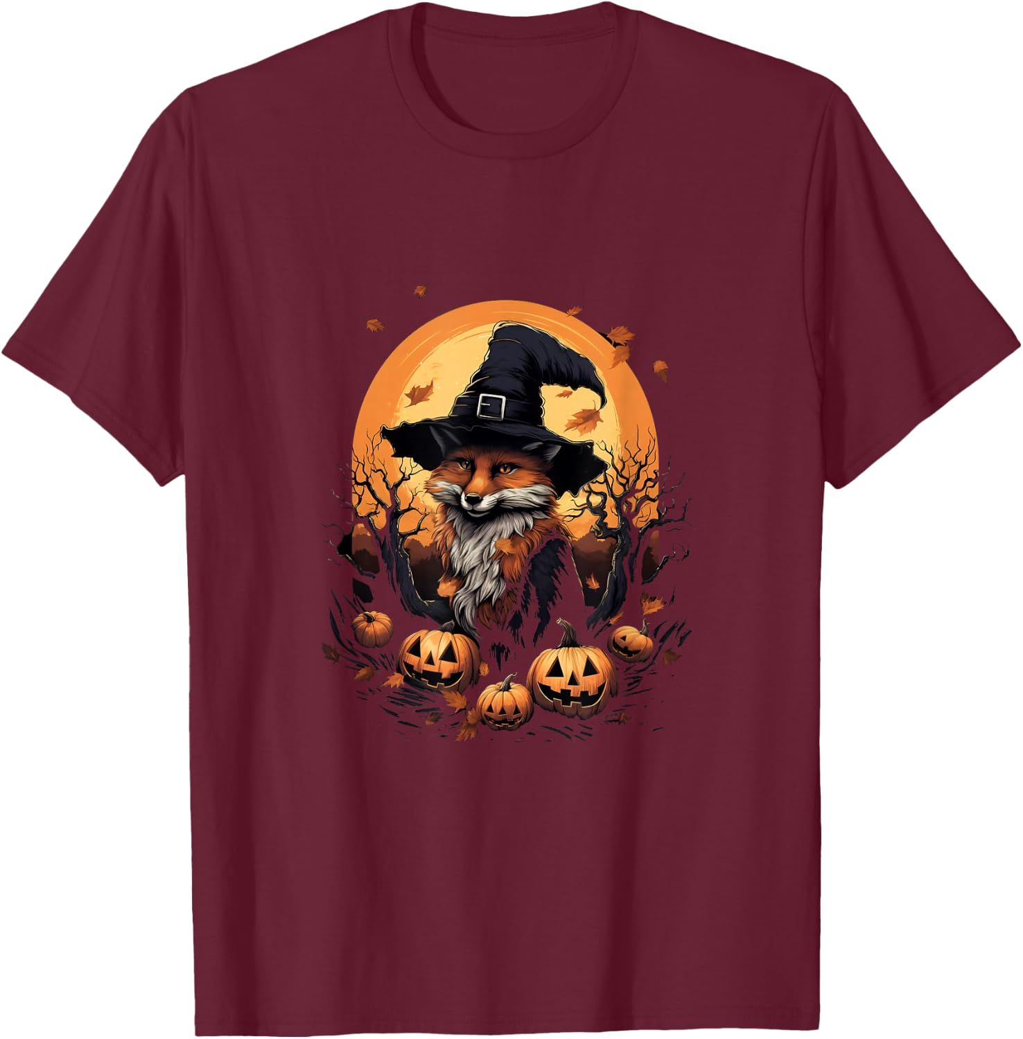 Fox Witch Hat Pumpkins Halloween Costume T-Shirt - T-Shirt | Maroon