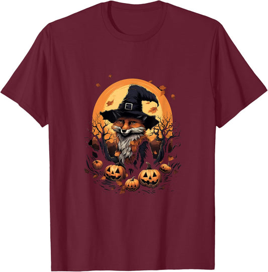 Fox Witch Hat Pumpkins Halloween Costume T-Shirt - T-Shirt | Maroon