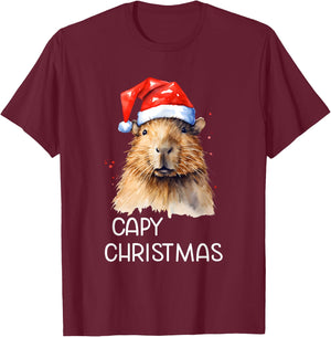 Capybara Capy Christmas Xmas Santa Hat Pajama Rodent Animal T-Shirt - T-Shirt | Maroon
