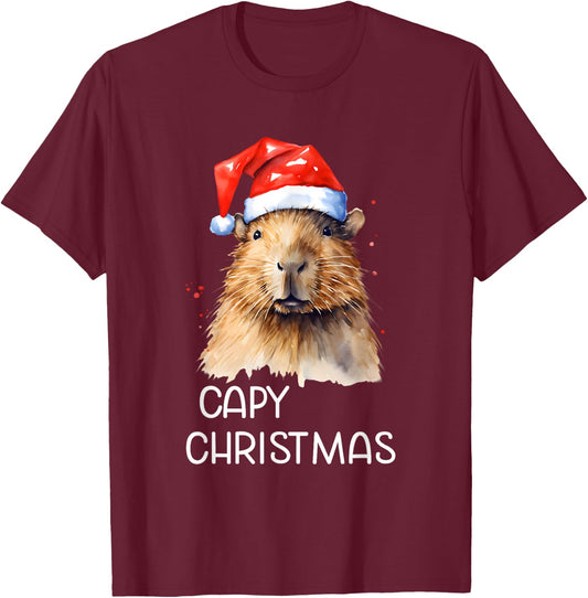 Capybara Capy Christmas Xmas Santa Hat Pajama Rodent Animal T-Shirt - T-Shirt | Maroon