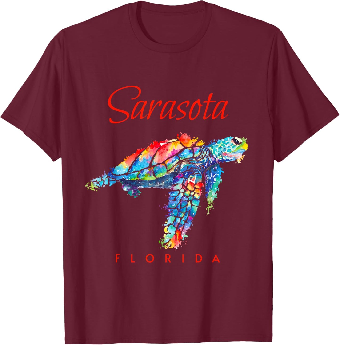 Sarasota Florida Watercolor Sea Turtle T-Shirt - T-Shirt | Maroon