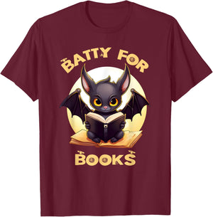 Batty Book Lover Teacher School Librarian Bookish Halloween T-Shirt - T-Shirt | Maroon