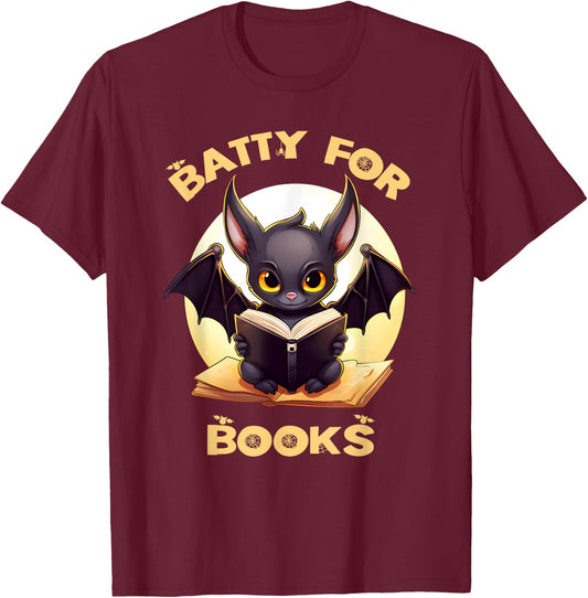 Batty Book Lover Teacher School Librarian Bookish Halloween T-Shirt - T-Shirt | Maroon