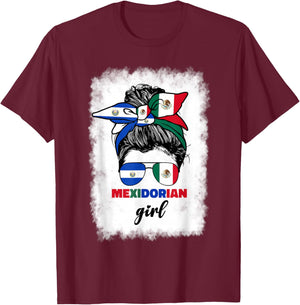Half Mexican And Salvadorian Mexico El Salvador Flag Girl T-Shirt - T-Shirt | Maroon