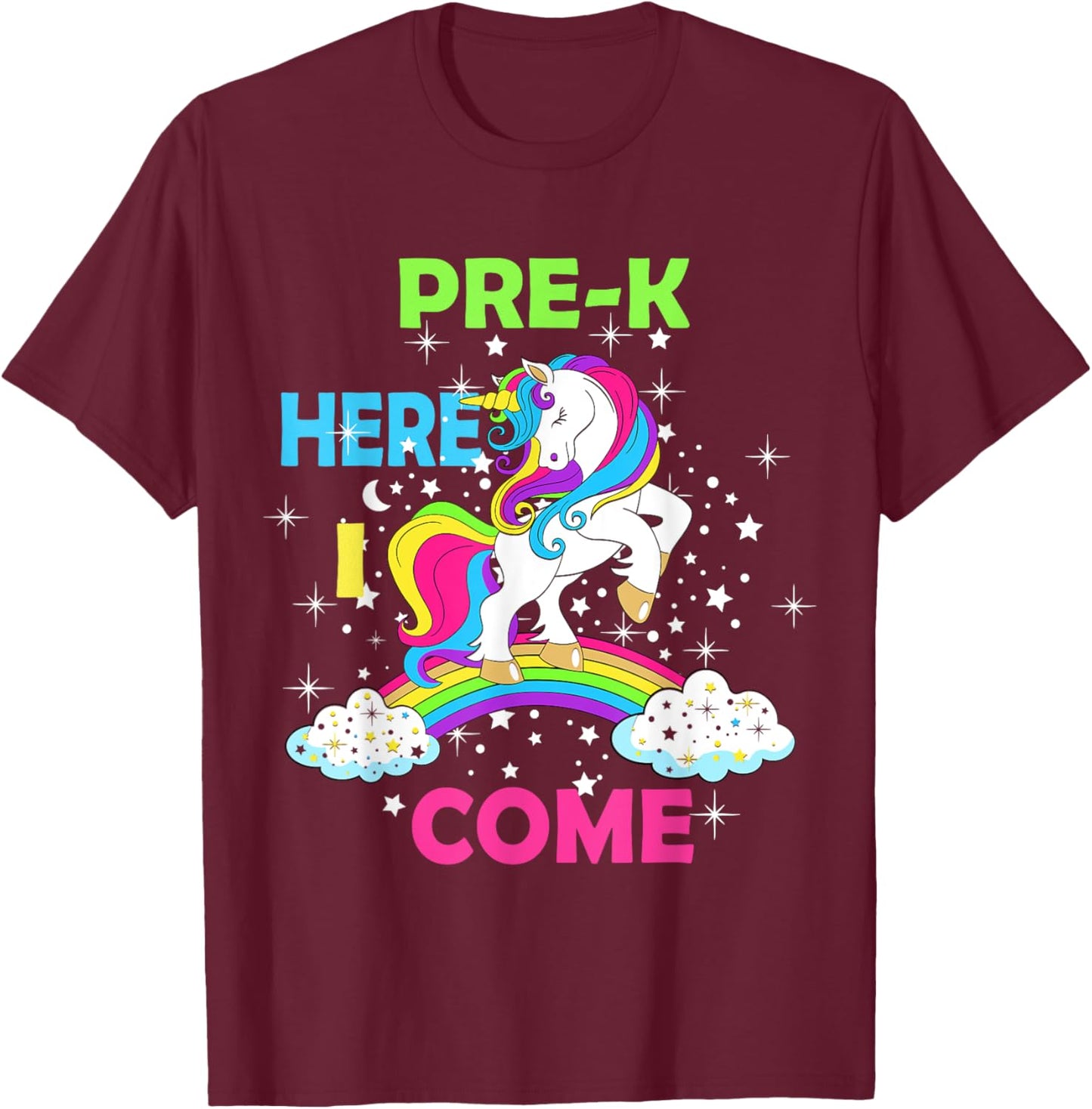 Look Out Pre k Here I Come Girl Unicorn Preschool Prek T-Shirt - T-Shirt | Maroon