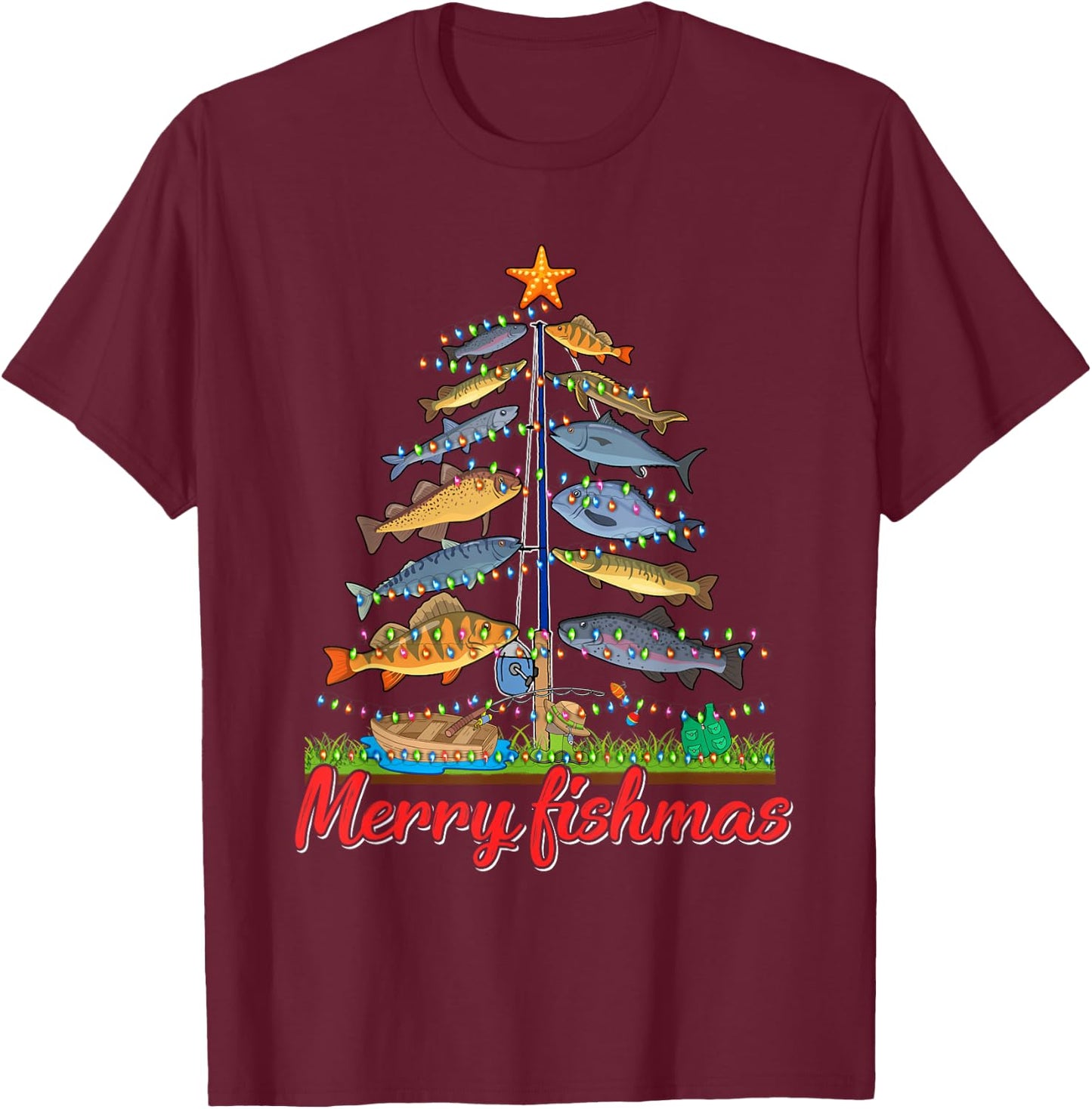 Merry Fishmas Funny Fisher Christmas Tree Fishing Pajama T-Shirt - T-Shirt | Maroon