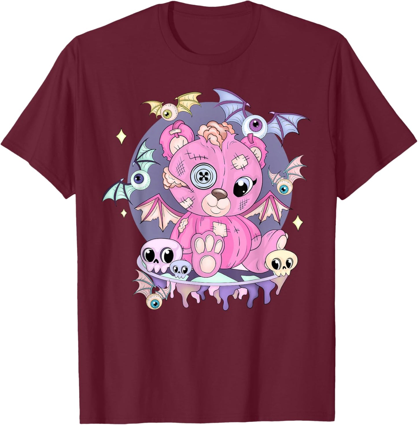 Pastel Goth Cute Creepy Teddy Bear Japanese Kawaii Menhera T-Shirt - T-Shirt | Maroon