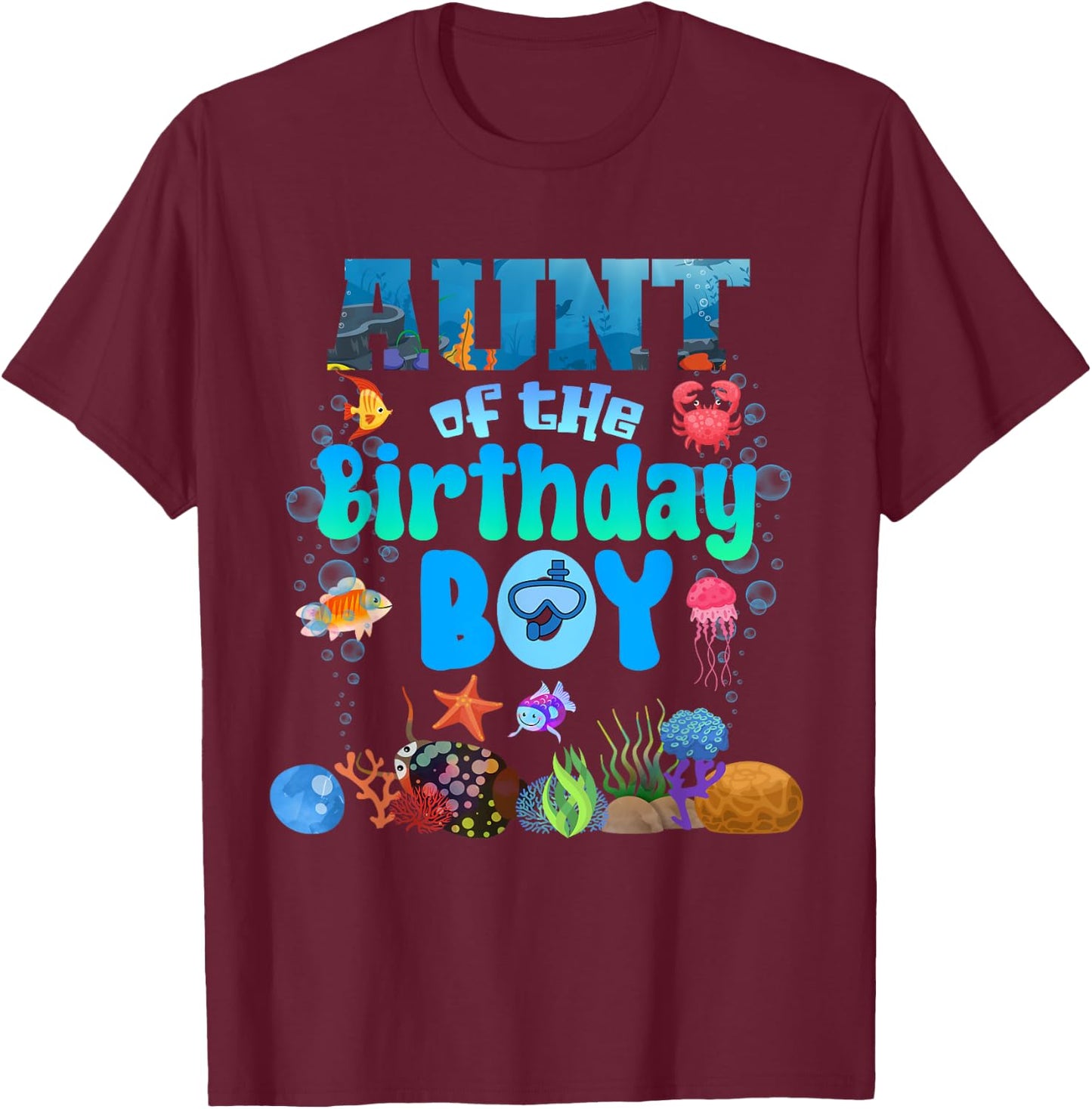 Aunt Of The Birthday Boy Aquarium Sea Animals Matching T-Shirt - T-Shirt | Maroon