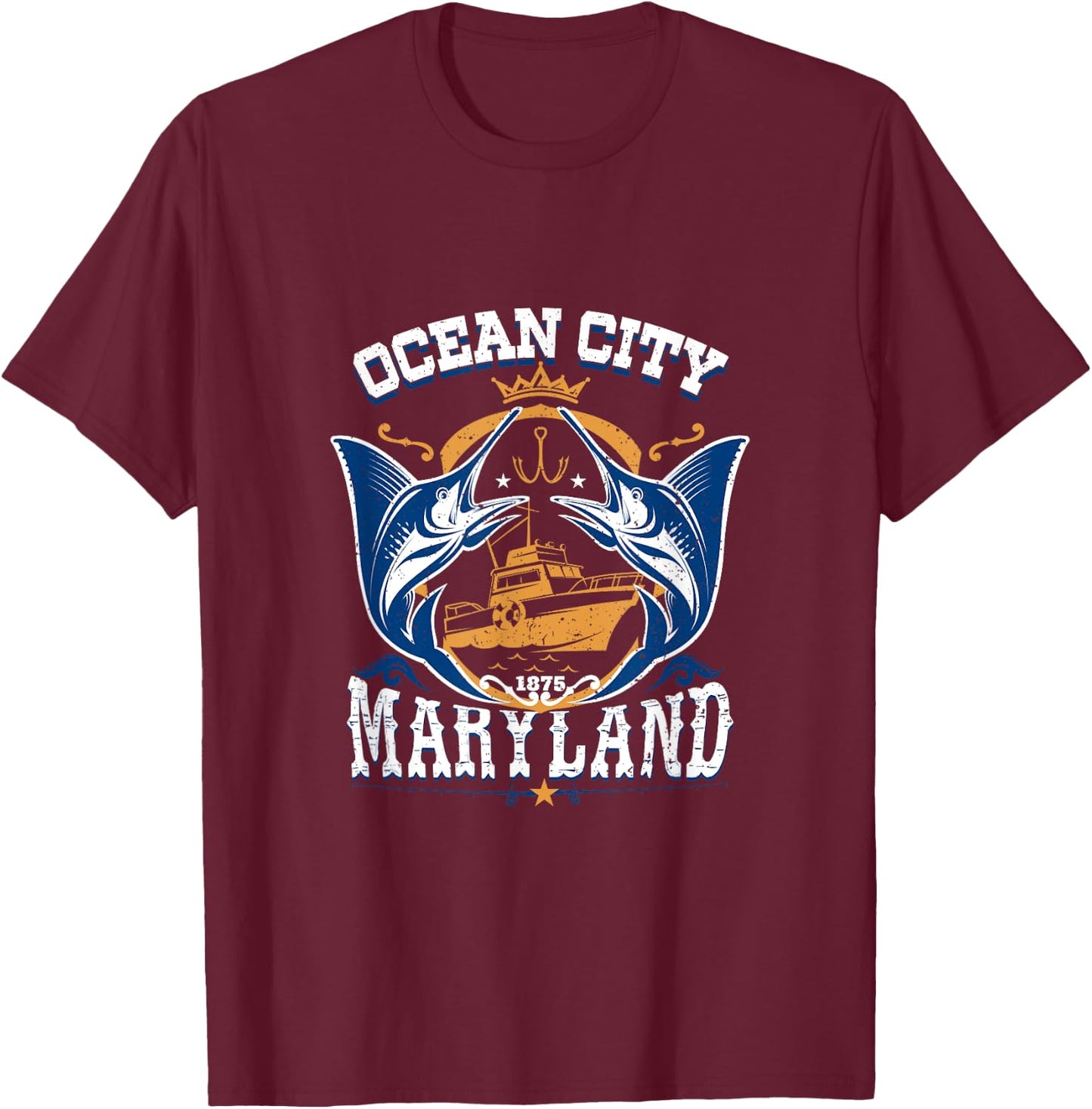 Vintage Ocean City Maryland White Marlin Fishing T-Shirt - T-Shirt | Maroon