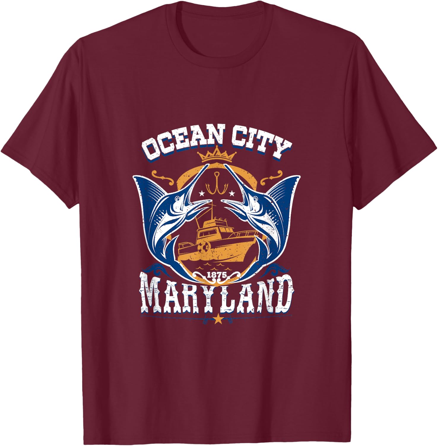 Vintage Ocean City Maryland White Marlin Fishing T-Shirt - T-Shirt | Maroon