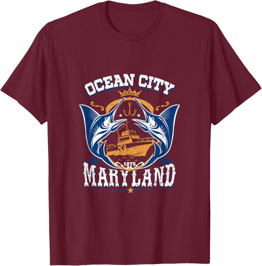 Vintage Ocean City Maryland White Marlin Fishing T-Shirt - T-Shirt | Maroon