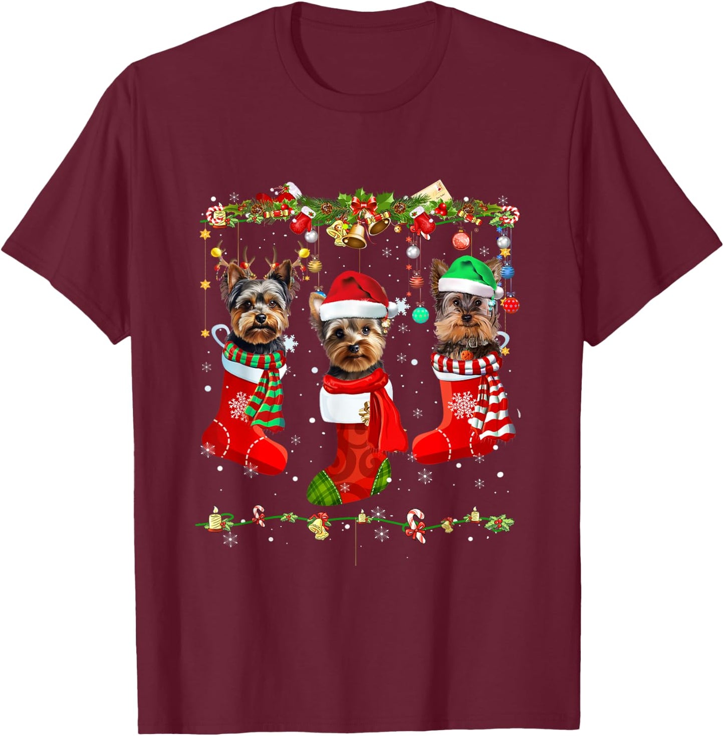 Yorkie Christmas Shirt Stocking Dog Lover Xmas Men Women Kids T-Shirt - T-Shirt | Maroon