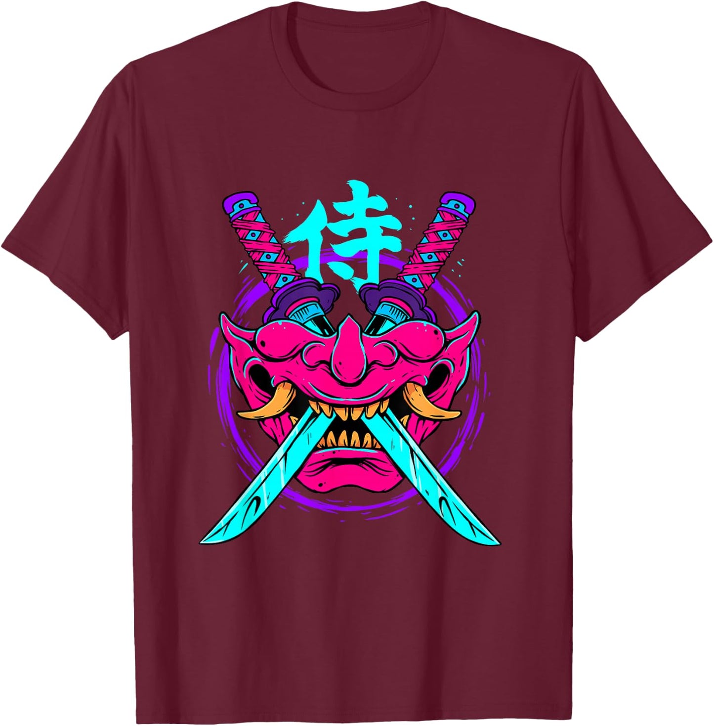 Vaporwave Aesthetic Japanese Samurai Mask Oni Kanji Bushido T-Shirt - T-Shirt | Maroon