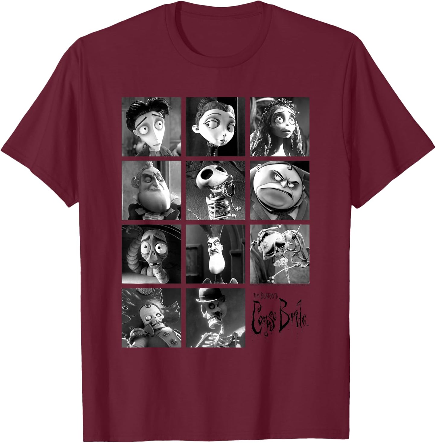 Corpse Bride Character Grid Black and White Photos Movie T-Shirt - T-Shirt | Maroon