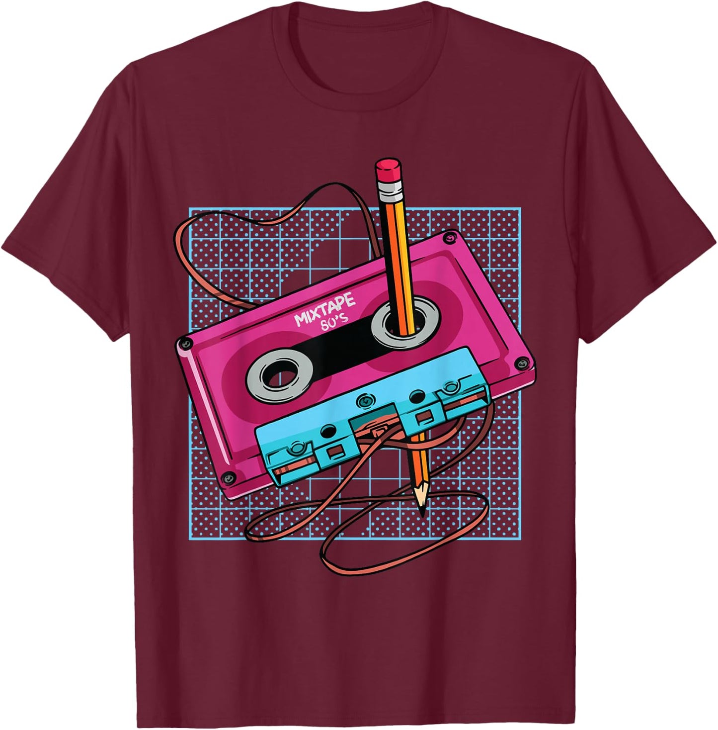 Vintage Cassette Tape Pencil 70s 80s 90s Music Mixtape Retro T-Shirt - T-Shirt | Maroon
