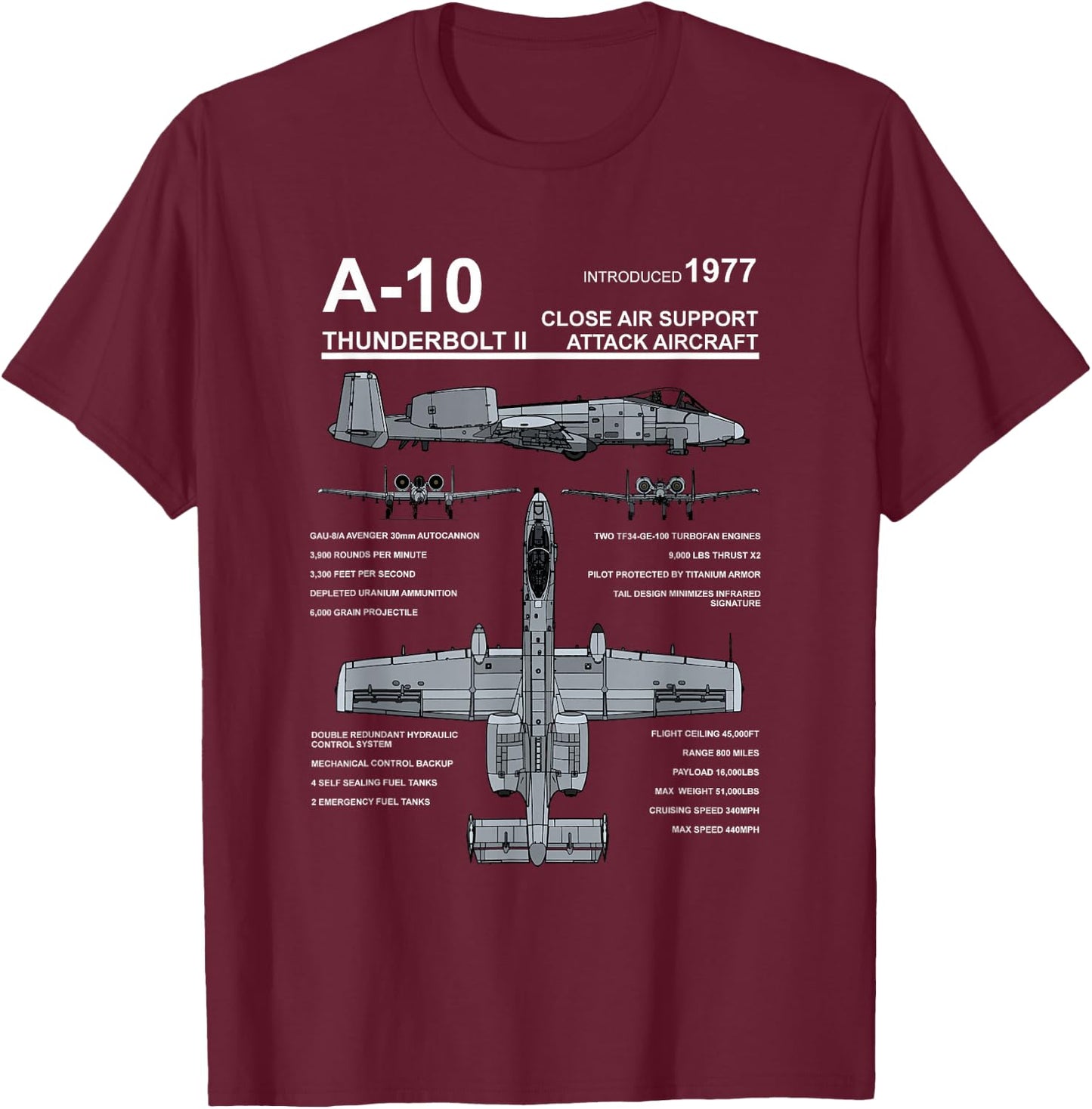 A-10 Thunderbolt II Warthog Military Jet Spec Diagram T-Shirt - T-Shirt | Maroon