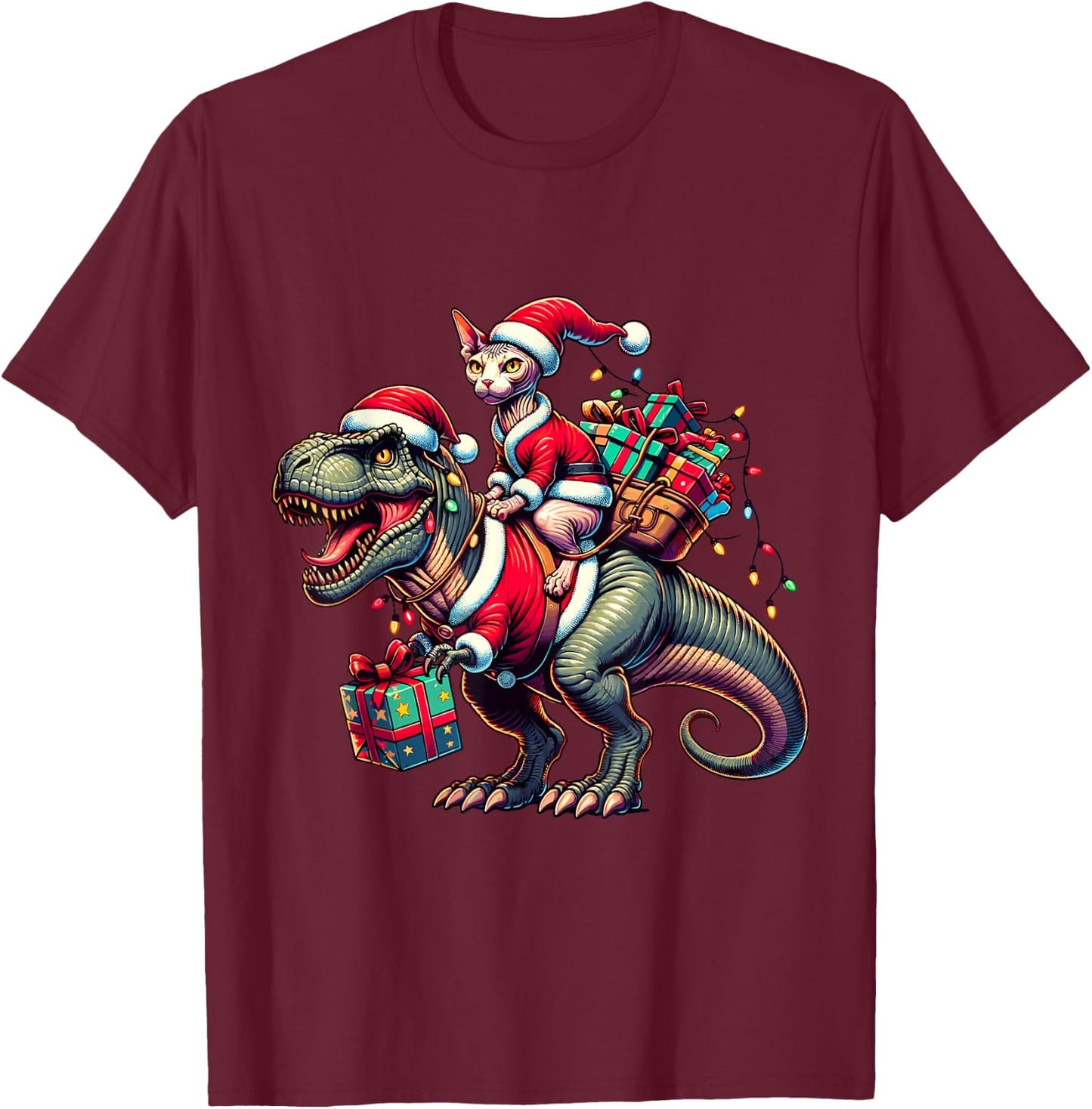 Adorable Sphynx Cat Rides Christmas T-Rex Santa for Sphynx T-Shirt - T-Shirt | Maroon
